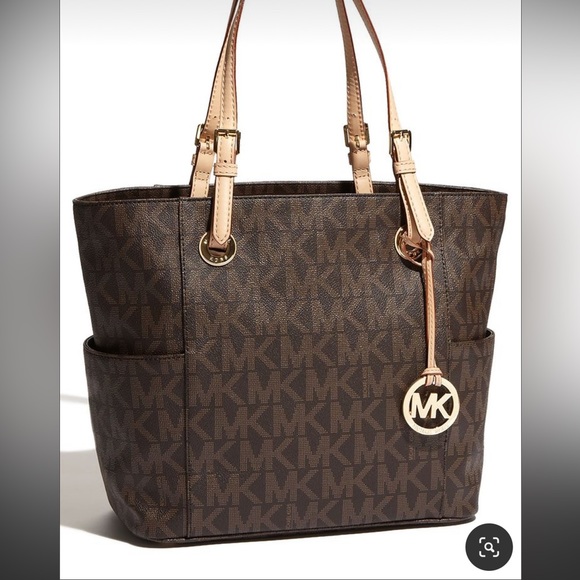 MICHAEL Michael Kors Handbags - MICHAEL Kors Brown Signature Coated Canvas Leather Jet Set East West Tote Bag